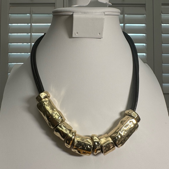 Chicos chunky hammered gold tube beads with four leather strands, NWOT - Picture 10 of 12